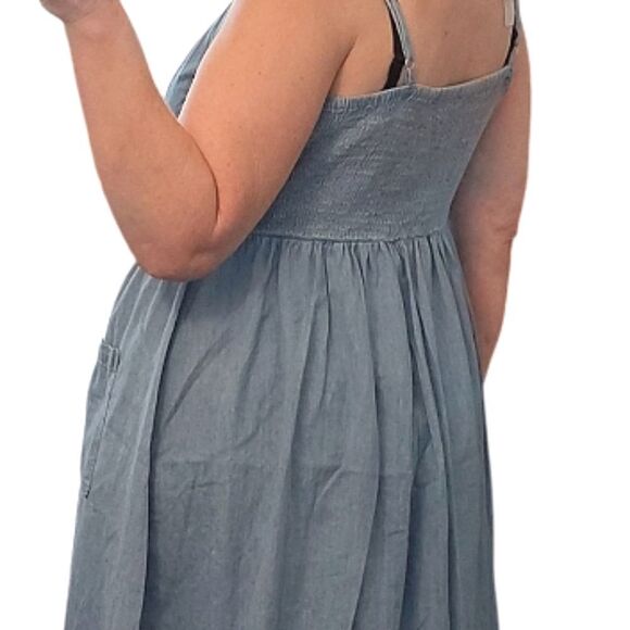 VTG 90s Blue Denim Button Front XL Midi Sundress Jumper with Pockets - Picture 12 of 14